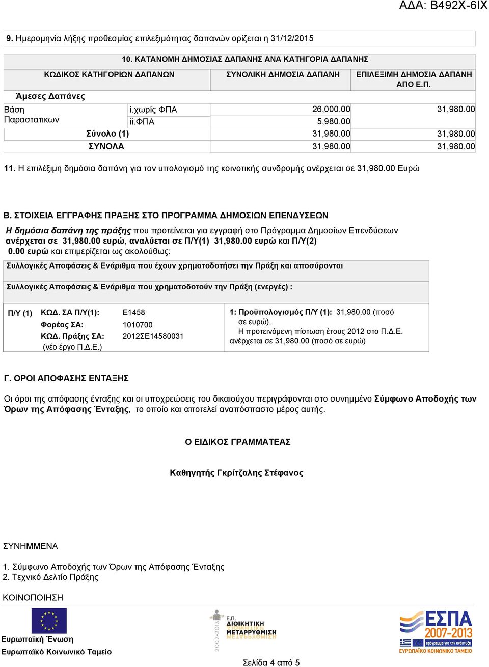 00 5,980.00 Σύνολο (1) 31,980.00 ΣΥΝΟΛΑ 31,980.00 31,980.00 31,980.00 31,980.00 11. Η επιλέξιμη δημόσια δαπάνη για τον υπολογισμό της κοινοτικής συνδρομής ανέρχεται σε 31,980.00 Ευρώ Β.