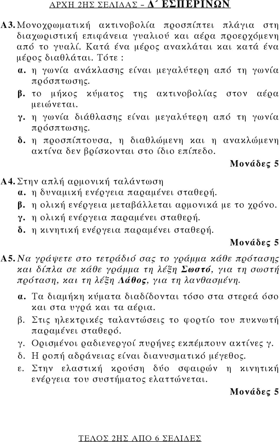 άθλασης είναι μεγαλύτερη από τη γωνία πρόσπτωσης. δ. η προσπίπτουσα, η διαθλώμενη και η ανακλώμενη ακτίνα δεν βρίσκονται στο ίδιο επίπεδο. Α4. Στην απλή αρμονική ταλάντωση α.
