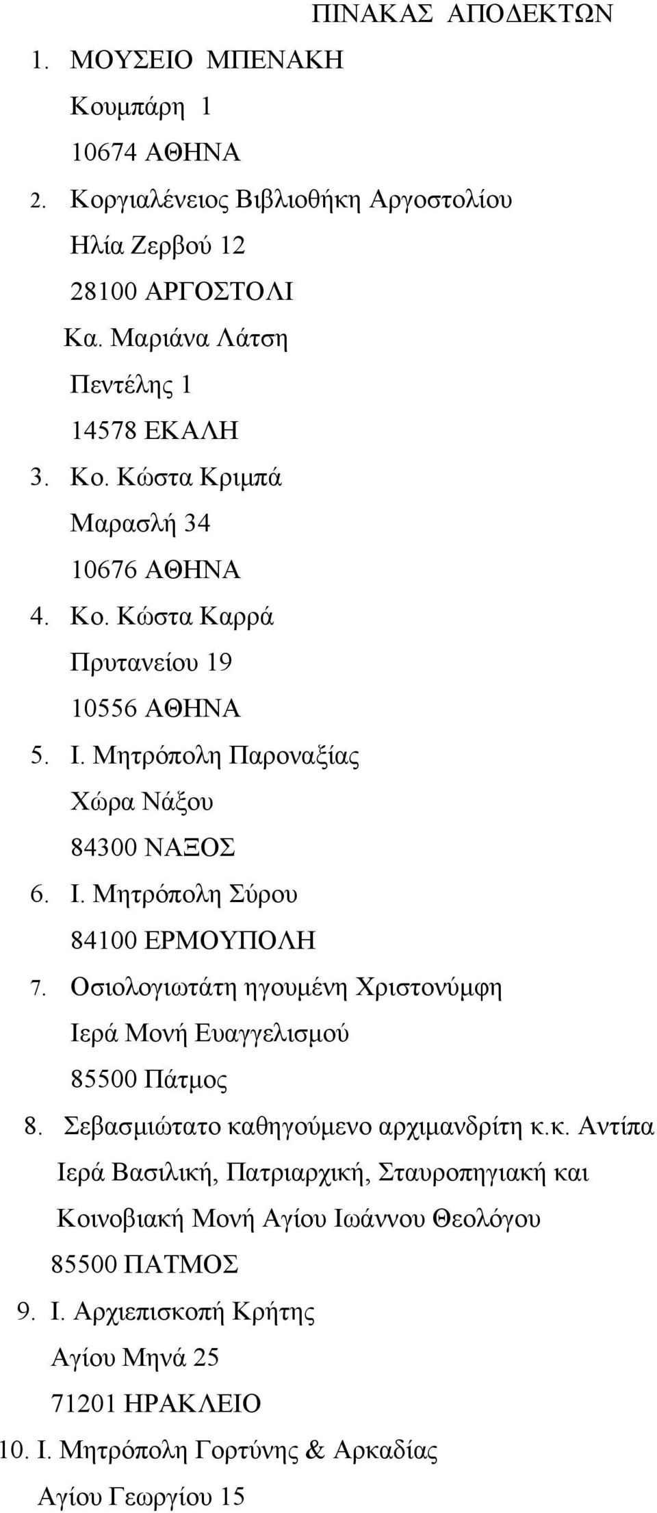 Μητρόπολη Παροναξίας Χώρα Νάξου 84300 ΝΑΞΟΣ 6. Ι. Μητρόπολη Σύρου 84100 ΕΡΜΟΥΠΟΛΗ 7. Οσιολογιωτάτη ηγουμένη Χριστονύμφη Ιερά Μονή Ευαγγελισμού 85500 Πάτμος 8.