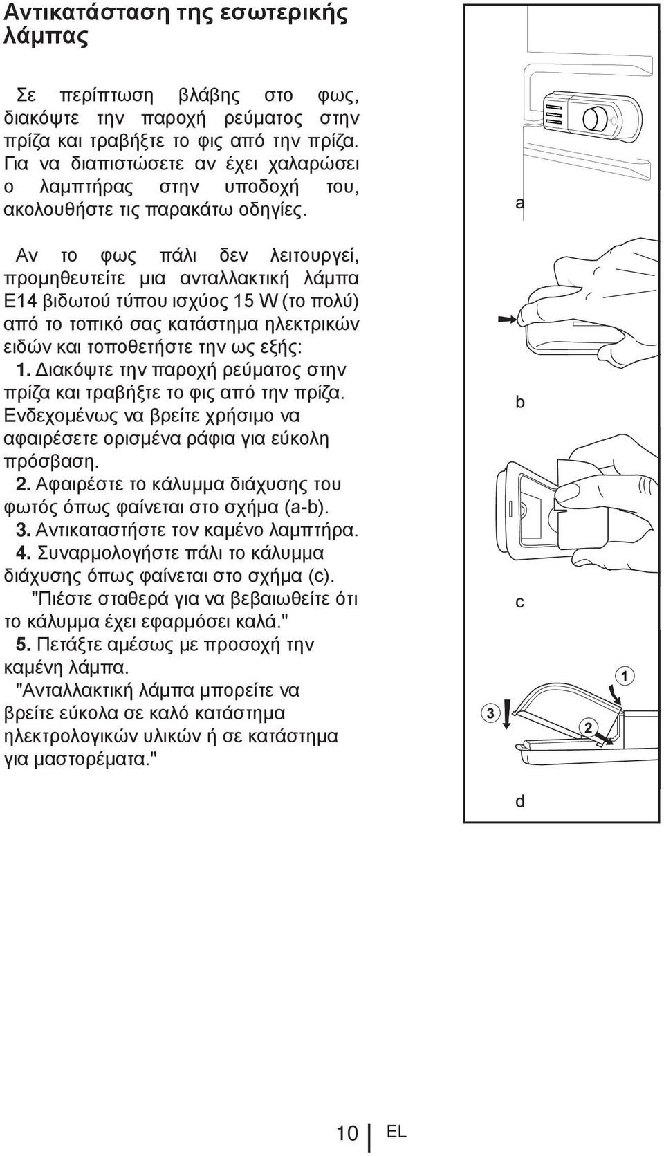 Αν το φως πάλι δεν λειτουργεί, προμηθευτείτε μια ανταλλακτική λάμπα E14 βιδωτού τύπου ισχύος 15 W (το πολύ) από το τοπικό σας κατάστημα ηλεκτρικών ειδών και τοποθετήστε την ως εξής: 1.