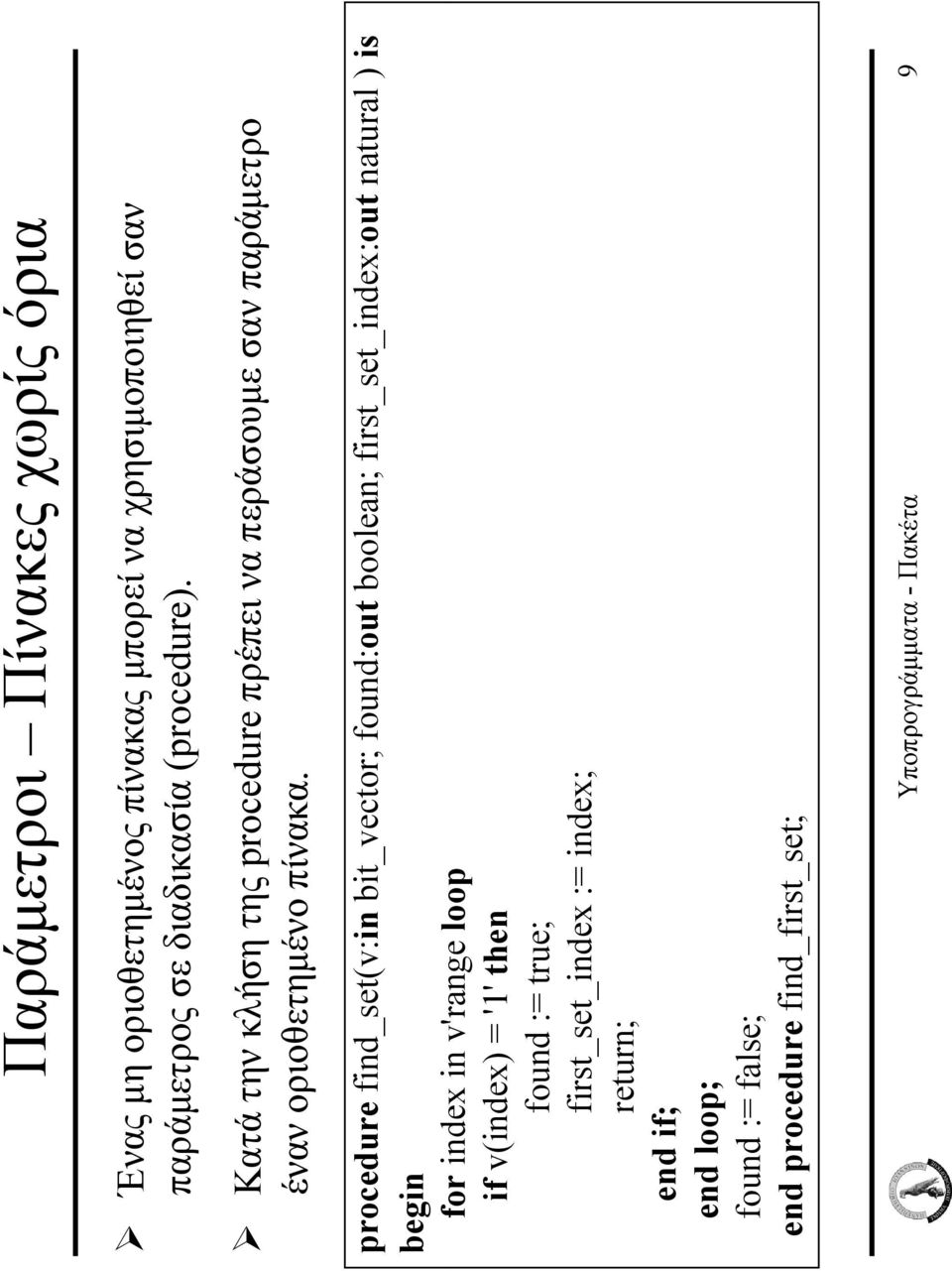 procedure find_set(v:in bit_vector; found:out boolean; first_set_index:out natural ) is for index in v'range loop if