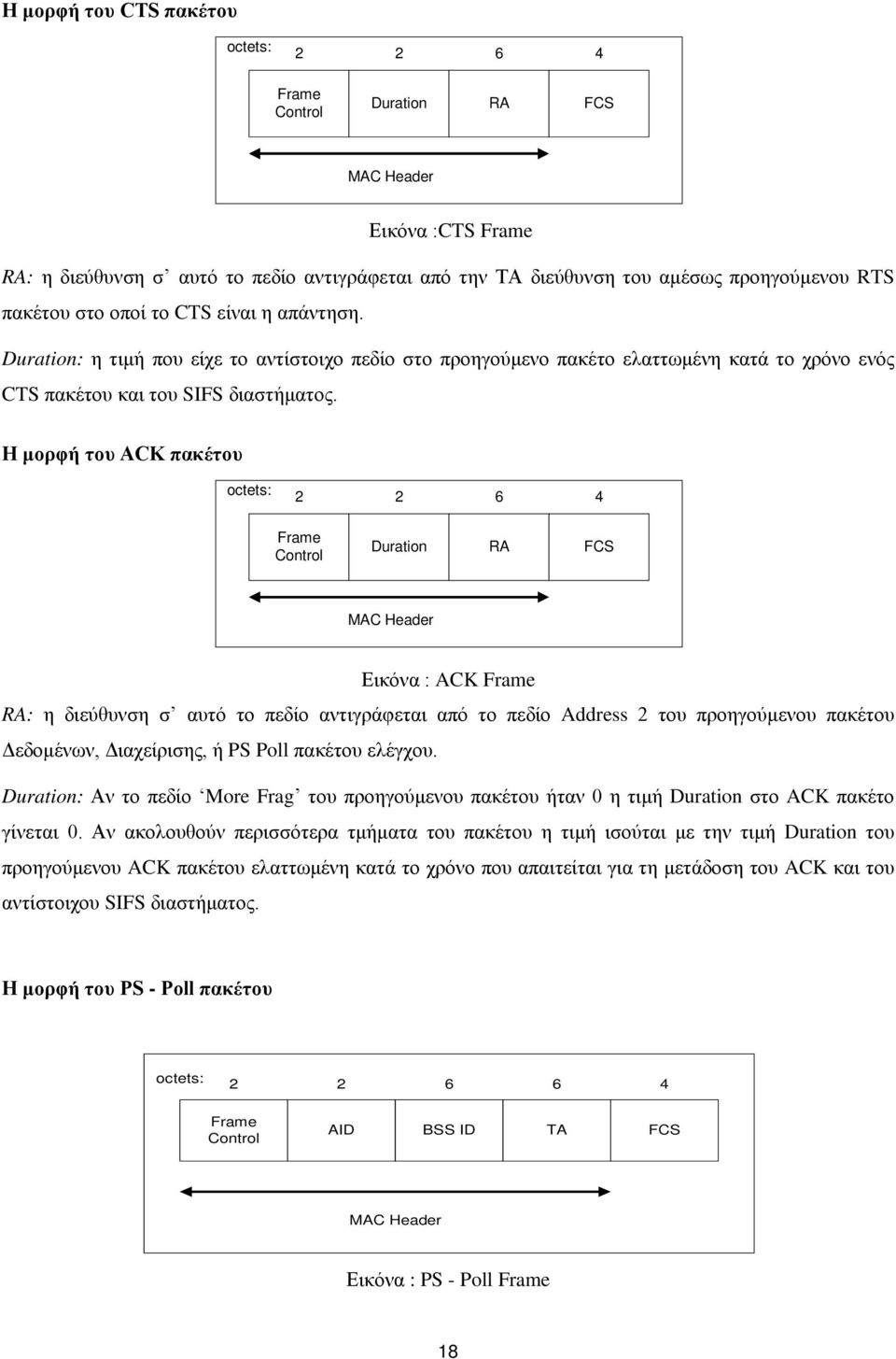 Η μορφή του ACK πακέτου octets: 2 2 6 4 Frame Control Duration RA FCS MAC Header Εικόνα : ACK Frame RA: η διεύθυνση σ αυτό το πεδίο αντιγράφεται από το πεδίο Address 2 του προηγούμενου πακέτου