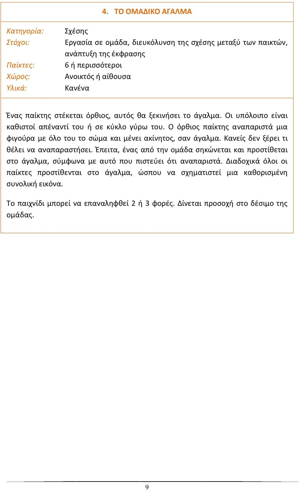 Κανείσ δεν ξζρει τι κζλει να αναπαραςτιςει. Ζπειτα, ζνασ από τθν ομάδα ςθκϊνεται και προςτίκεται ςτο άγαλμα, ςφμφωνα με αυτό που πιςτεφει ότι αναπαριςτά.