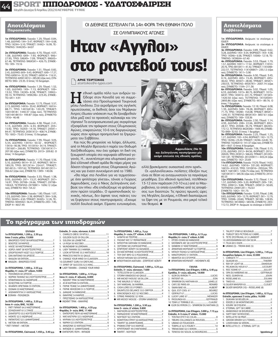 46, ΤΕΤΡΑΠΛΟ: 9Χ6Χ5Χ1= 426.75, ΣΥΝΘΕ- ΤΟ: 1Χ9= 19.16 3η ΙΠΠΟΔΡΟΜΙΑ: Γκανιάν: 1.51, Πλασέ: 0.82, 2.45, ΔΙΔΥΜΟ: 6Χ9= 9.45, ΦΟΡΚΑΣΤ: 6Χ9= 17.27, ΤΡΙΟ: 6Χ9Χ14= 32.53, ΤΡΙΚΑΣΤ: 6Χ9Χ14= 116.