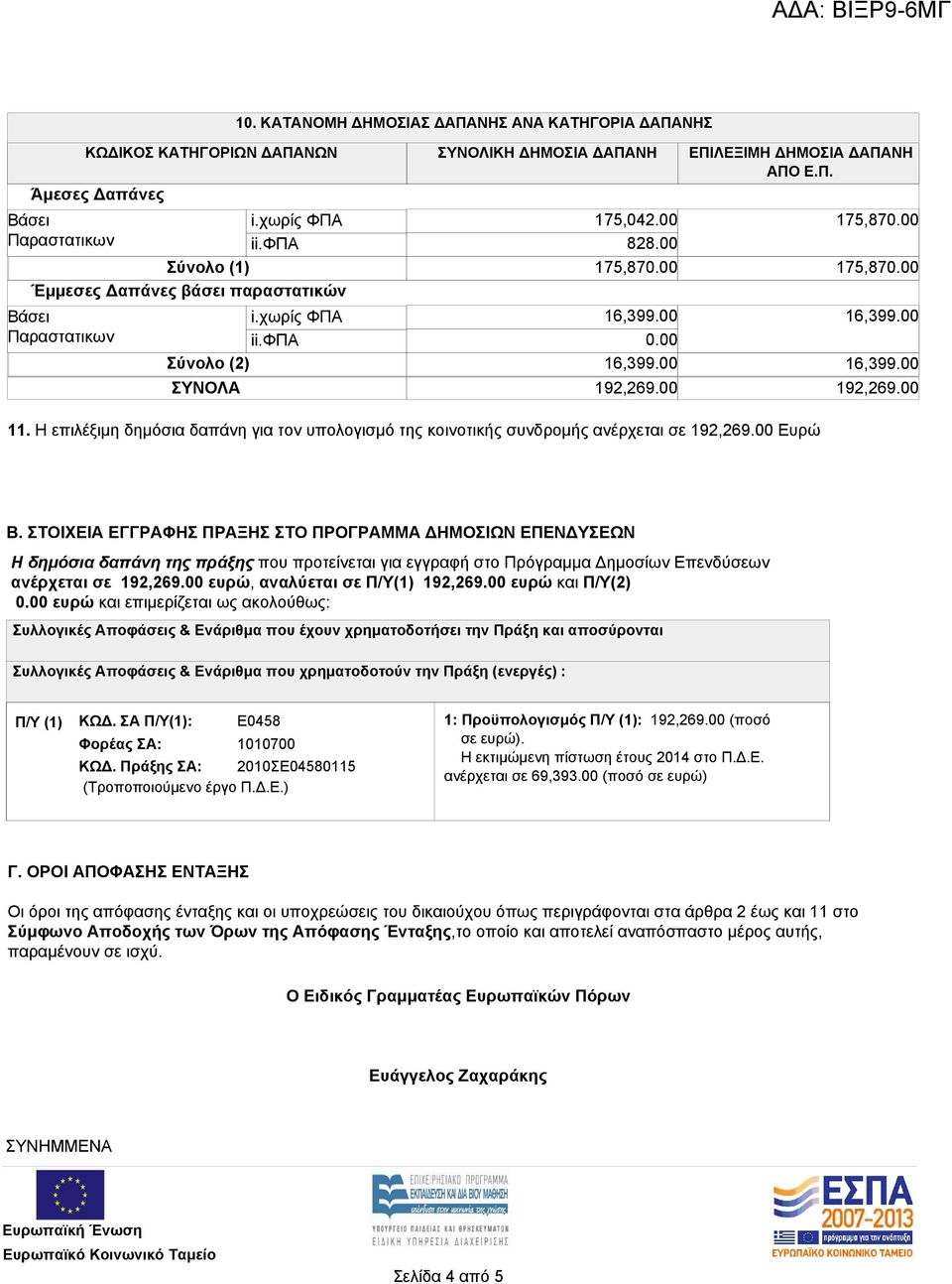 Η επιλέξιμη δημόσια δαπάνη για τον υπολογισμό της κοινοτικής συνδρομής ανέρχεται σε 192,269.00 Ευρώ Β.
