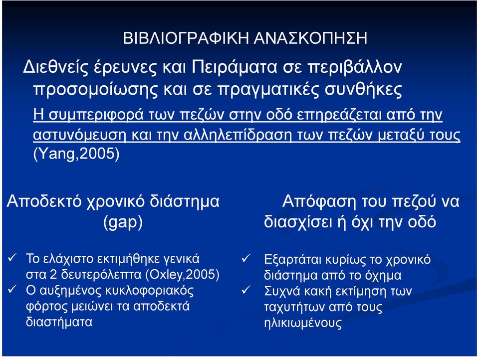 ελάχιστο εκτιµήθηκε γενικά στα 2 δευτερόλεπτα (Oxley,2005) Ο αυξηµένος κυκλοφοριακός φόρτος µειώνει τα αποδεκτά διαστήµατα Απόφαση του