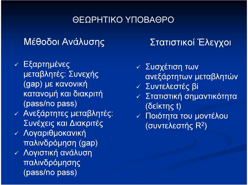 (gap) Λογιστική ανάλυση παλινδρόµησης (pass/no pass) Στατιστικοί Έλεγχοι Συσχέτιση των ανεξάρτητων