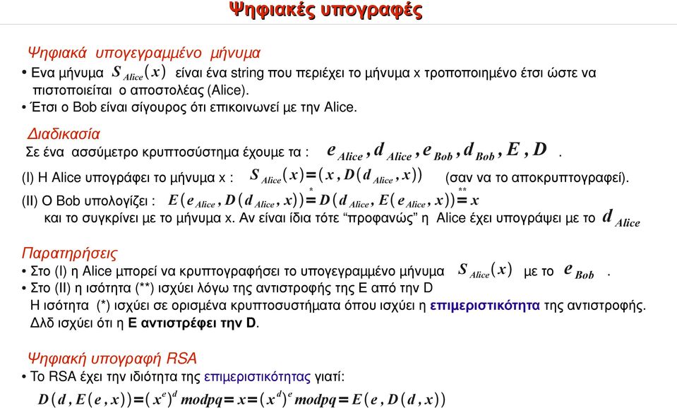 (I) H Alice υπογράφει το μήνυμ α x : S Alice x = x, D d Alice, x ( σαν να το αποκρυπτογραφεί).