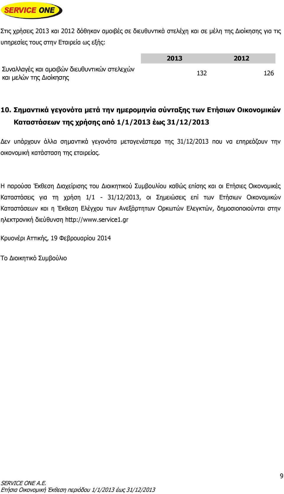 Σημαντικά γεγονότα μετά την ημερομηνία σύνταξης των Ετήσιων Οικονομικών Καταστάσεων της χρήσης από 1/1/2013 έως 31/12/2013 Δεν υπάρχουν άλλα σημαντικά γεγονότα μεταγενέστερα της 31/12/2013 που να