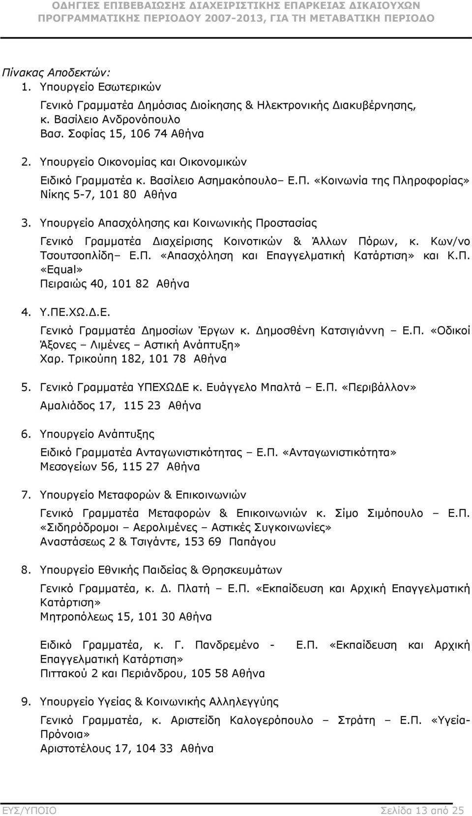 Υπουργείο Απασχόλησης και Κοινωνικής Προστασίας Γενικό Γραμματέα Διαχείρισης Κοινοτικών & Άλλων Πόρων, κ. Κων/νο Τσουτσοπλίδη Ε.Π. «Απασχόληση και Επαγγελματική Κατάρτιση» και Κ.Π. «Equal» Πειραιώς 40, 101 82 Αθήνα 4.