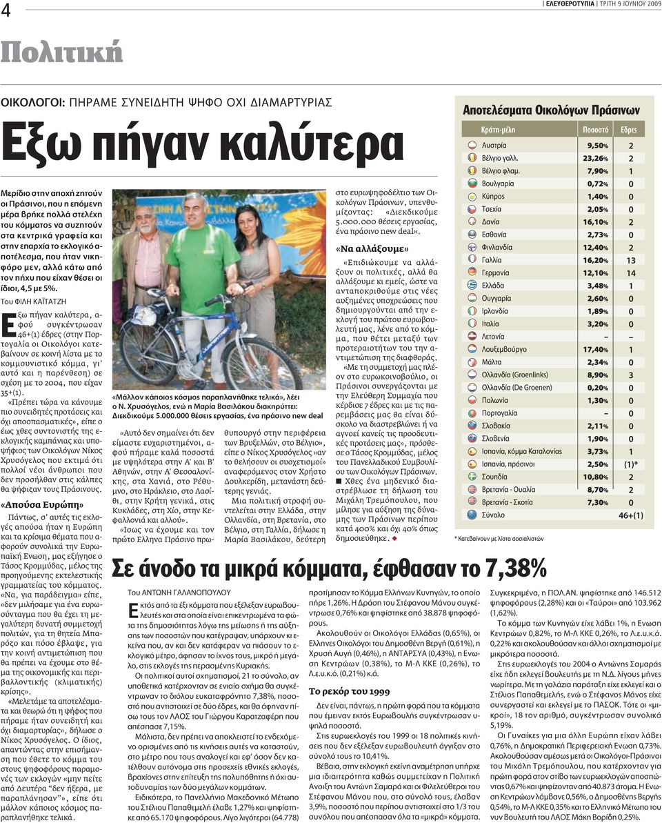 TÔ ºI H KA TATZH Eξω πήγαν καλύτερα, α- φού συγκέντρωσαν 46+(1) έδρες (στην Πορτογαλία οι Oικολόγοι κατεβαίνουν σε κοινή λίστα µε το κοµµουνιστικό κόµµα, γι αυτό και η παρένθεση) σε σχέση µε το 2004,
