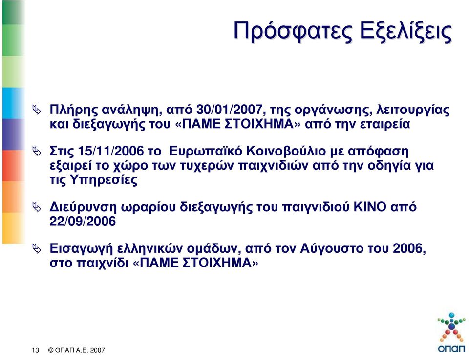 των τυχερών παιχνιδιών από την οδηγία για τις Υπηρεσίες ιεύρυνση ωραρίου διεξαγωγής του παιγνιδιού