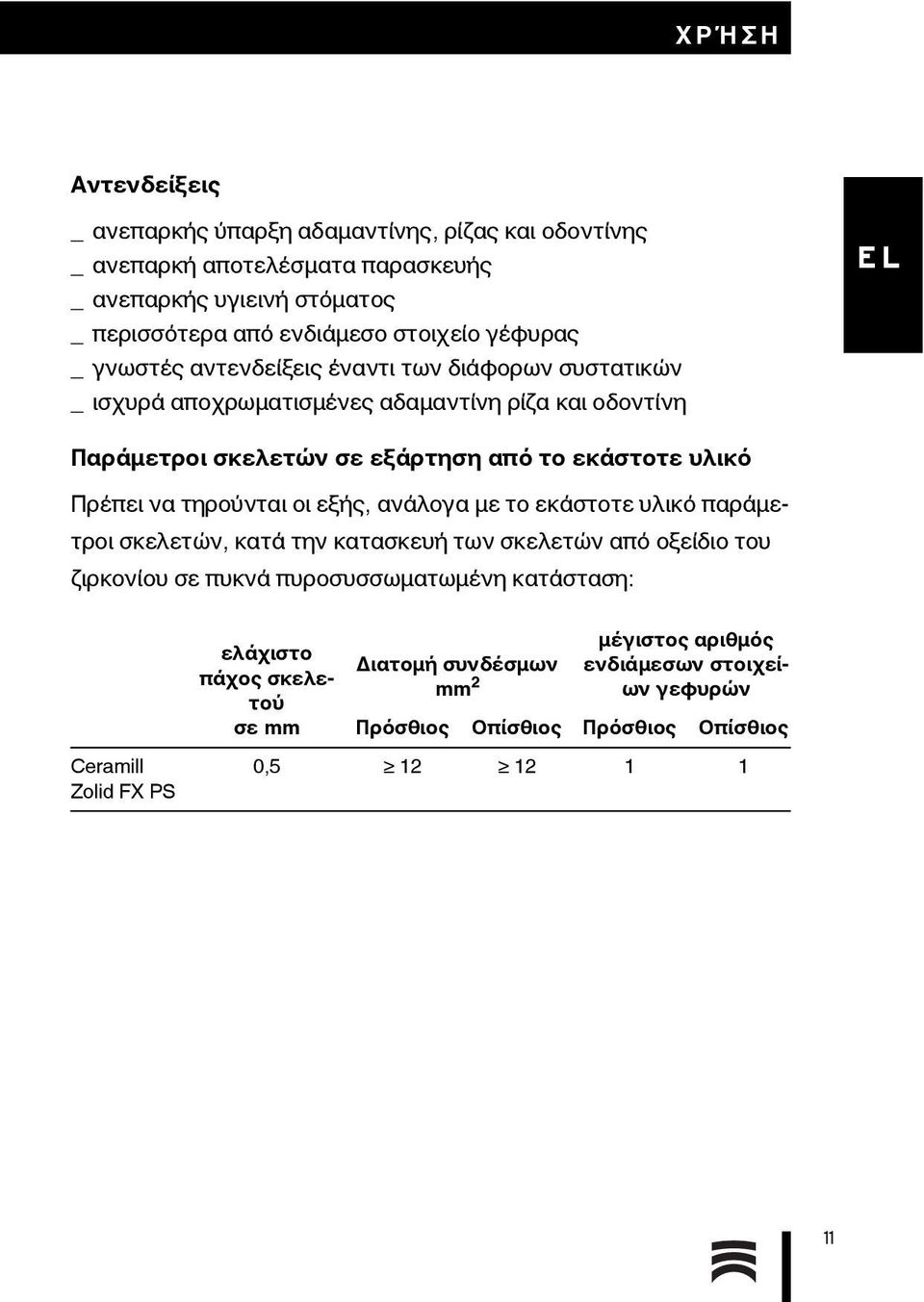 Πρέπει να τηρούνται οι εξής, ανάλογα με το εκάστοτε υλικό παράμετροι σκελετών, κατά την κατασκευή των σκελετών από οξείδιο του ζιρκονίου σε πυκνά πυροσυσσωματωμένη