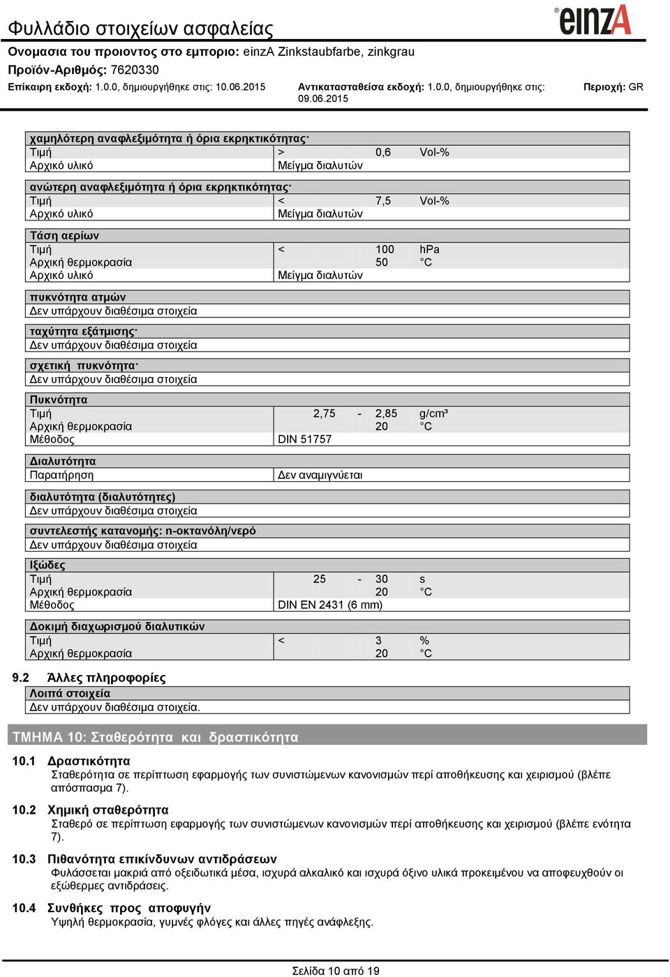 2,75-2,85 g/cm³ Αρχική θερμοκρασία 20 C Μέθοδος DIN 51757 Διαλυτότητα Παρατήρηση διαλυτότητα (διαλυτότητες) συντελεστής κατανομής: n-οκτανόλη/νερό Δεν αναμιγνύεται Ιξώδες Τιμή 25-30 s Αρχική