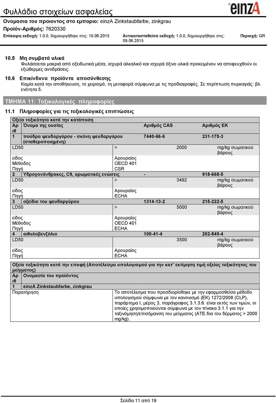 1 Πληροφορίες για τις τοξικολογικές επιπτώσεις Οξεία τοξικότητα κατά την κατάποση Αρ Όνομα της ουσίας Αρμός CAS Αρμός EK 1 πούδρα ψευδαργύρου - σκόνη ψευδαργύρου 7440-66-6 231-175-3 (σταθεροποιημένη)