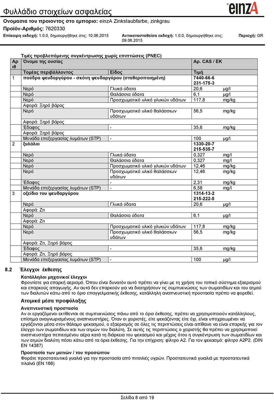 γλυκών υδάτων 117,8 mg/kg Αφορά: Ξηρό βάρος Νερό Προσχωματικό υλικό θαλάσσιων υδάτων 56,5 mg/kg Αφορά: Ξηρό βάρος Έδαφος - 35,6 mg/kg Αφορά: Ξηρό βάρος Μονάδα επεξεργασίας λυμάτων (STP) - 100 µg/l 2