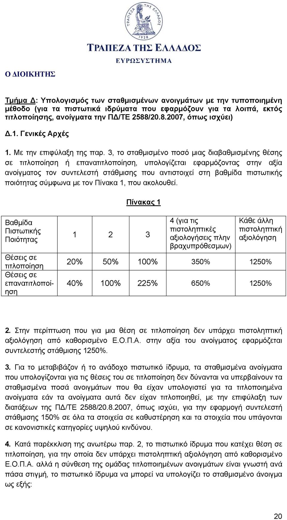 3, το σταθμισμένο ποσό μιας διαβαθμισμένης θέσης σε τιτλοποίηση ή επανατιτλοποίηση, υπολογίζεται εφαρμόζοντας στην αξία ανοίγματος τον συντελεστή στάθμισης που αντιστοιχεί στη βαθμίδα πιστωτικής