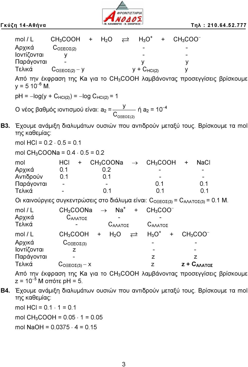 Βρίσκουμε τα mol της καθεμίας: mol Hl = 0.2 0.5 = 0.1 mol H 3 OOΝa = 0.4 0.5 = 0.2 mol Hl + H 3 OOΝa H 3 OOH + Nal Αρχικά 0.1 0.