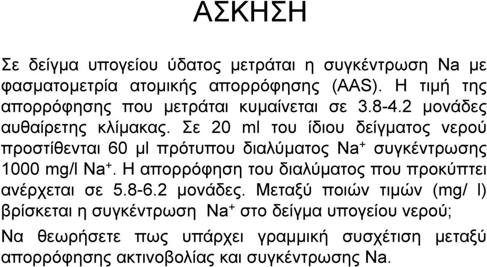 Σε 20 ml του ίδιου δείγματος νερού προστίθενται 60 μl πρότυπου διαλύματος Na + συγκέντρωσης 1000 mg/l Na +.