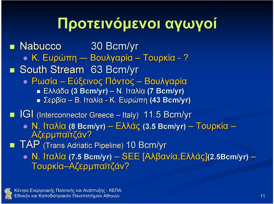 Ευρώπη (43 Bcm/yr) IGI (Interconnector Greece Italy) 11.5 Ν. Ιταλία (8 Bcm/yr) Ελλάς (3.5 Bcm/yr) 11.5 Bcm/yr Ν. Ιταλία (8 Bcm/yr) Ελλάς (3.5 Bcm/yr) Τουρκία Αζερµπαϊτζάν?