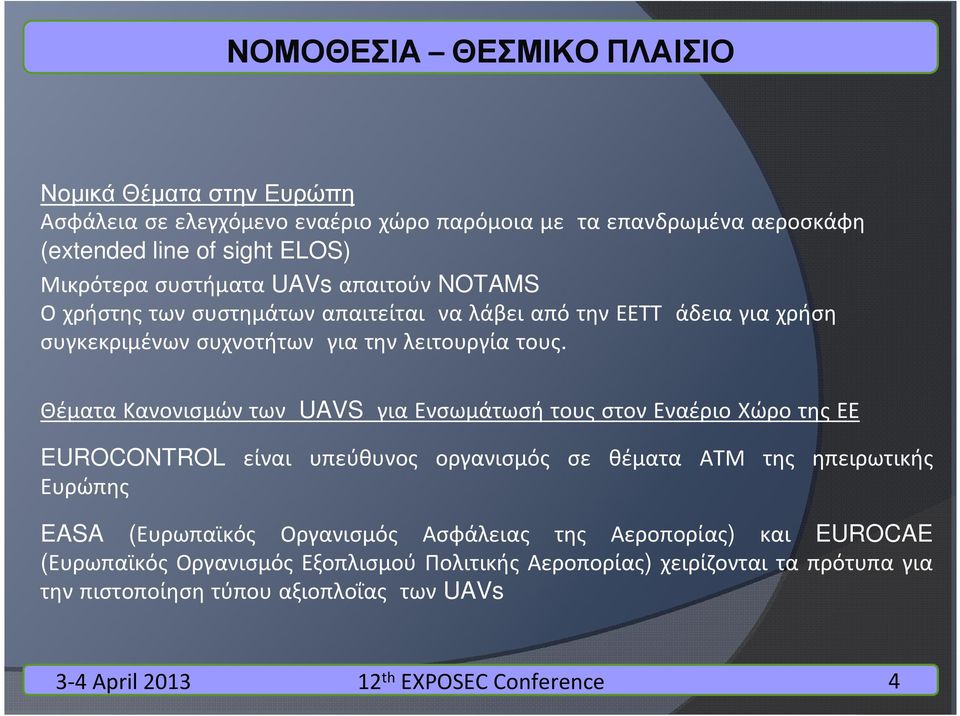 Θέματα Κανονισμών των UAVS για Ενσωμάτωσή τους στον Εναέριο Χώρο της ΕΕ EUROCONTROL είναι υπεύθυνος οργανισμός σε θέματα ΑΤΜ της ηπειρωτικής Ευρώπης EASA (Ευρωπαϊκός