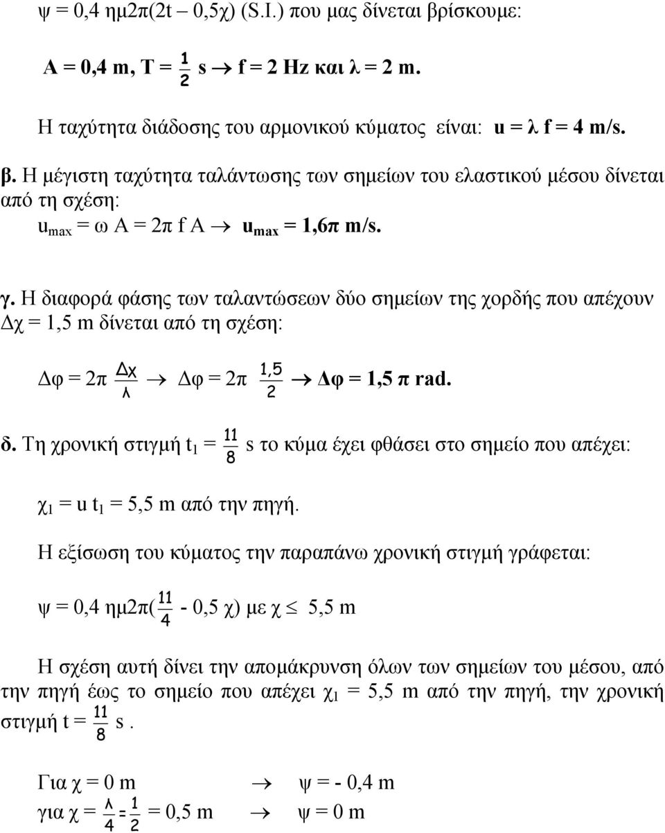 Η εξίσωση του κύματος την παραπάνω χρονική στιγμή γράφεται: ψ =,4 ημπ( 11 4 -,5 χ) με χ 5,5 m Η σχέση αυτή δίνει την απομάκρυνση όλων των σημείων του μέσου, από την πηγή έως το σημείο που απέχει χ 1