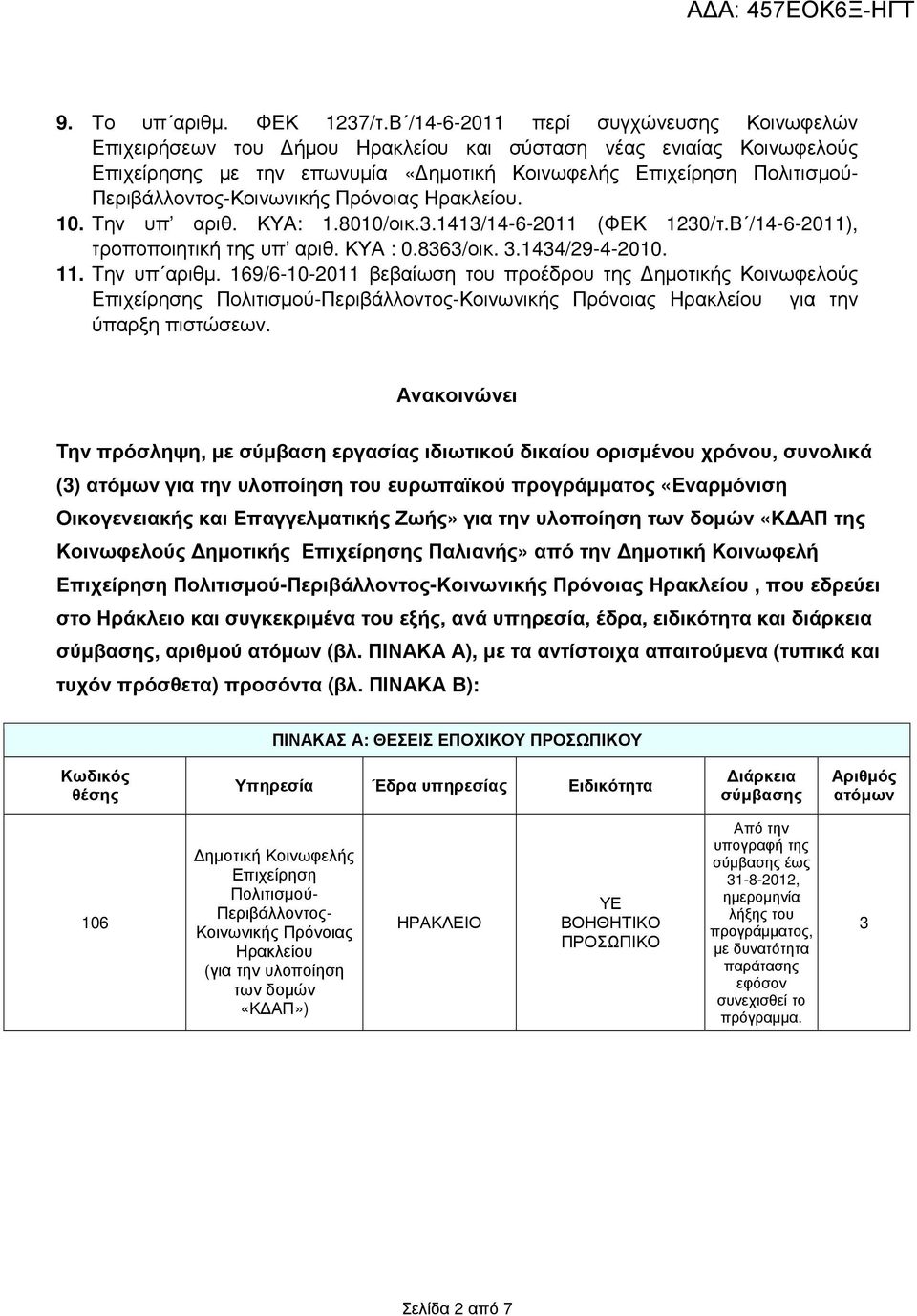 Περιβάλλοντος-Κοινωνικής Πρόνοιας Ηρακλείου. 10. Την υπ αριθ. ΚΥΑ: 1.8010/οικ.3.1413/14-6-2011 (ΦΕΚ 1230/τ.Β /14-6-2011), τροποποιητική της υπ αριθ. ΚΥΑ : 0.8363/οικ. 3.1434/29-4-2010. 11.