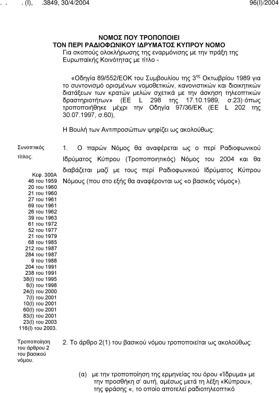 23) όπως τροποποιήθηκε μέχρι την Οδηγία 97/36/ΕΚ (ΕΕ L 202 της 30.07.1997, σ.60), Η Βουλή των Αντιπροσώπων ψηφίζει ως ακολούθως: Συνοπτικός τίτλος. Κεφ.