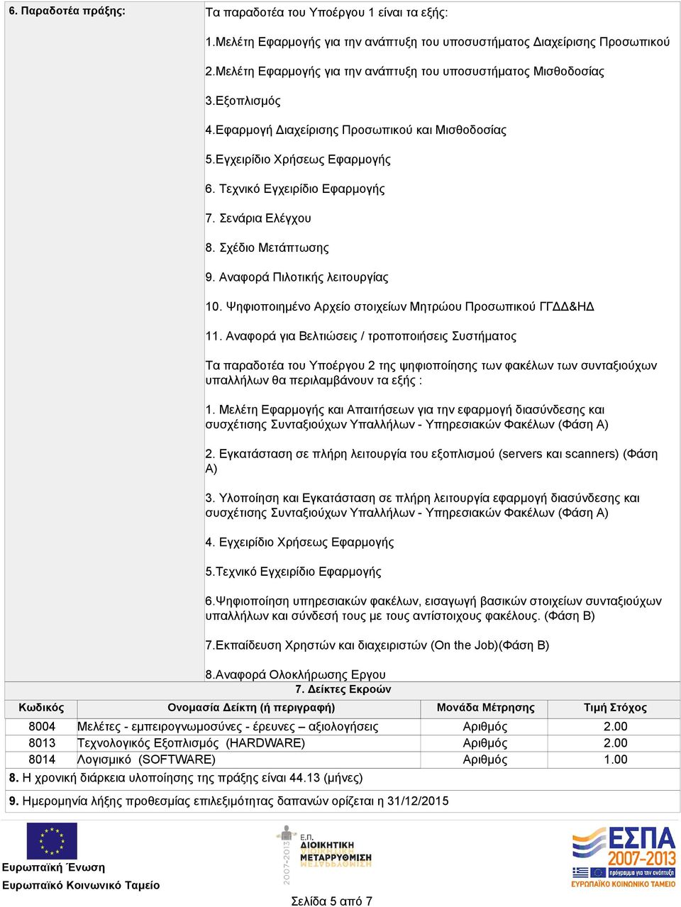 Σενάρια Ελέγχου 8. Σχέδιο Μετάπτωσης 9. Αναφορά Πιλοτικής λειτουργίας 10. Ψηφιοποιημένο Αρχείο στοιχείων Μητρώου Προσωπικού ΓΓΔΔ&ΗΔ 11.