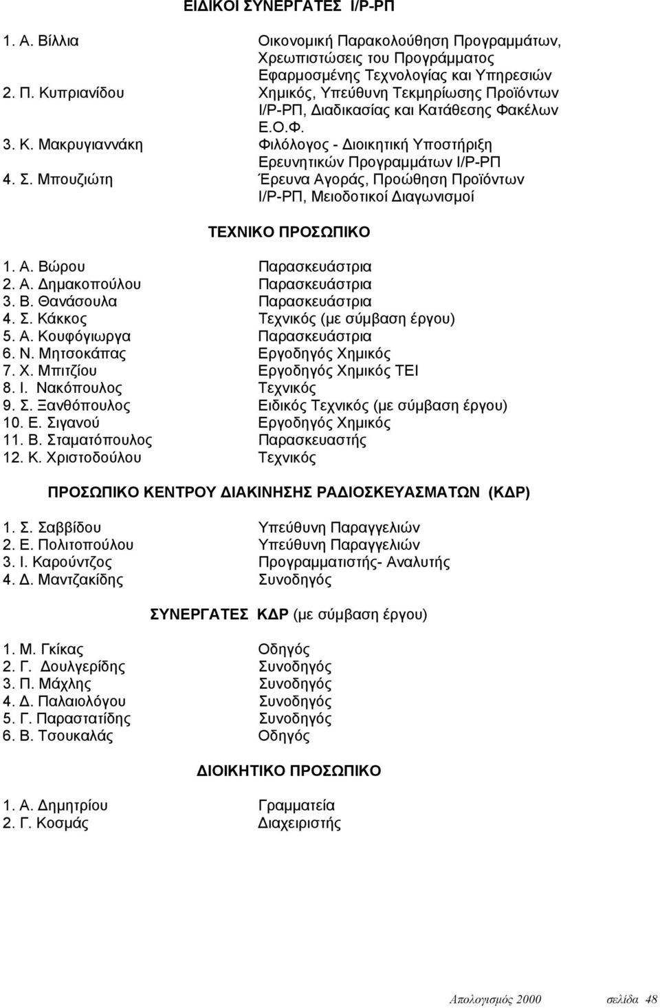 Α. Δημακοπούλου Παρασκευάστρια 3. Β. Θανάσουλα Παρασκευάστρια 4. Σ. Κάκκος Τεχνικός (με σύμβαση έργου) 5. Α. Κουφόγιωργα Παρασκευάστρια 6. Ν. Μητσοκάπας Εργοδηγός Χημικός 7. Χ. Μπιτζίου Εργοδηγός Χημικός ΤΕΙ 8.