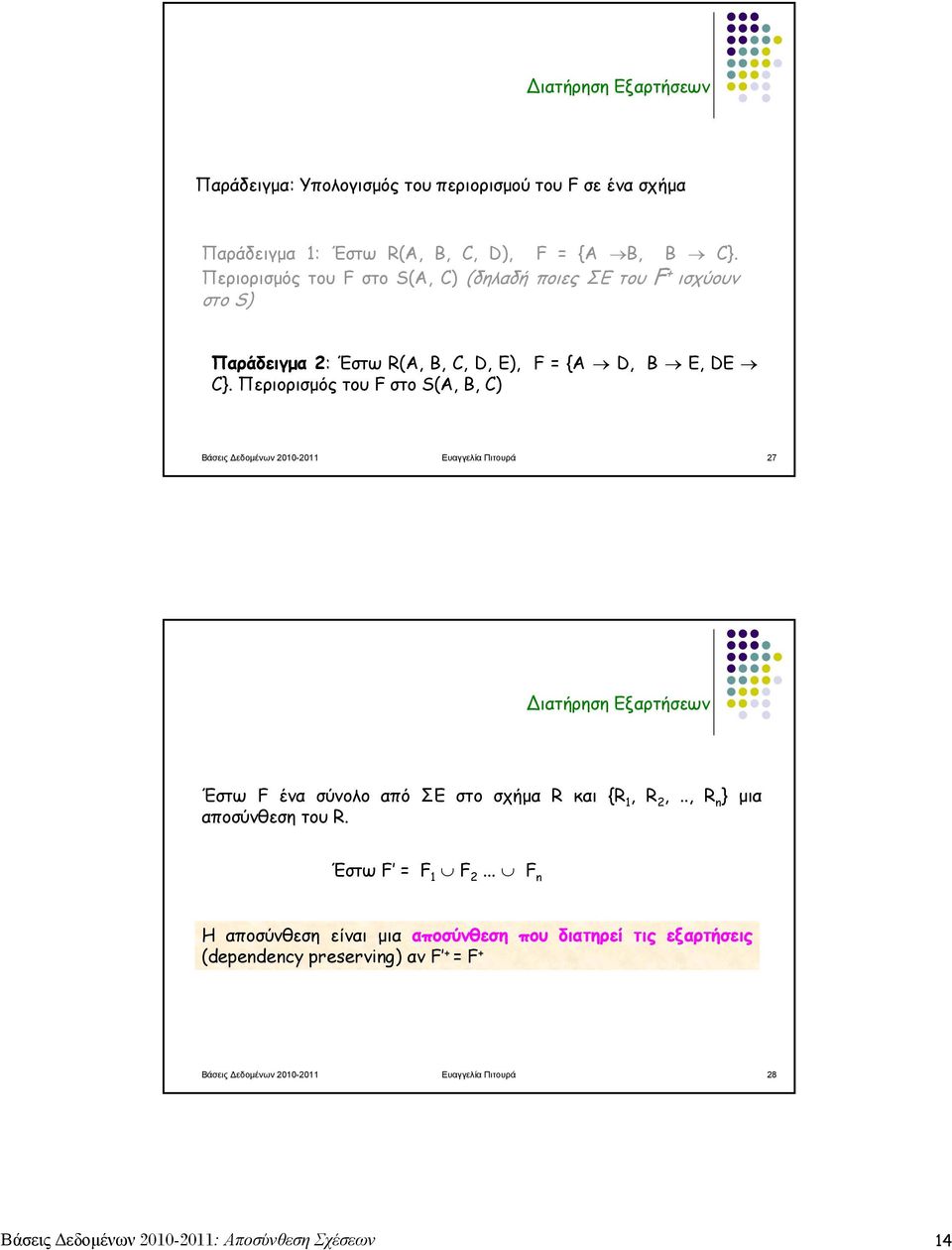 Περιορισμός του F στο S(A, B, C) Βάσεις Δεδομένων 2010-2011 Ευαγγελία Πιτουρά 27 ιατήρηση Εξαρτήσεων Έστω F ένα σύνολο από ΣΕ στο σχήμα R και {R 1, R 2,.