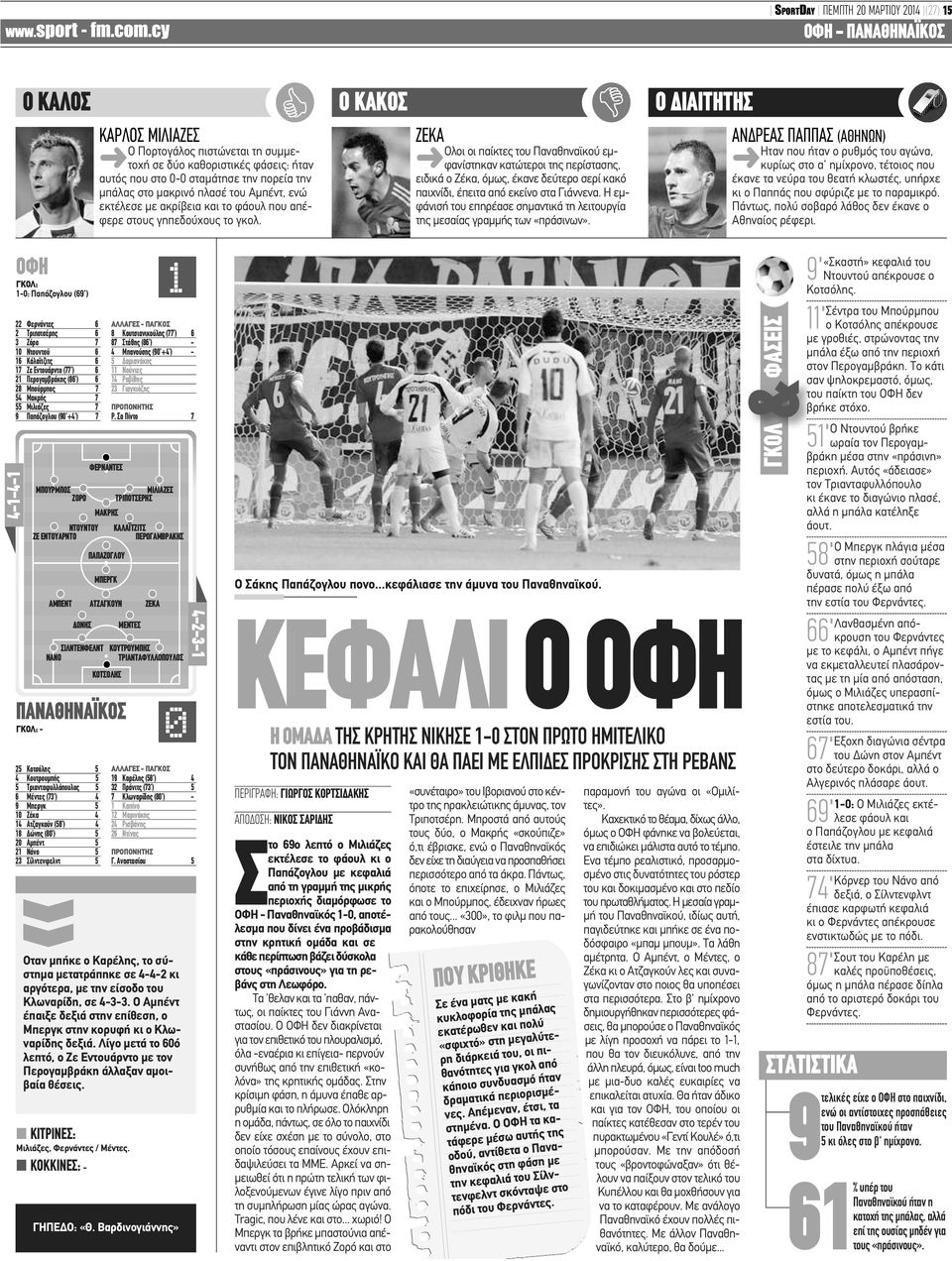 Ο ΚΑΚΟΣ ΖΕΚΑ Ολοι οι παίκτες του Παναθηναϊκού εμφανίστηκαν κατώτεροι της περίστασης, ειδικά ο Ζέκα, όμως, έκανε δεύτερο σερί κακό παιχνίδι, έπειτα από εκείνο στα Γιάννενα.