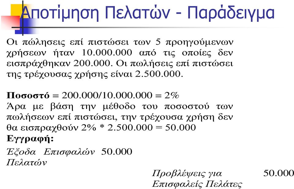 000/10.000.000 = 2% Άρα με βάση την μέθοδο του ποσοστού των πωλήσεων επί πιστώσει, την τρέχουσα χρήση δεν θα