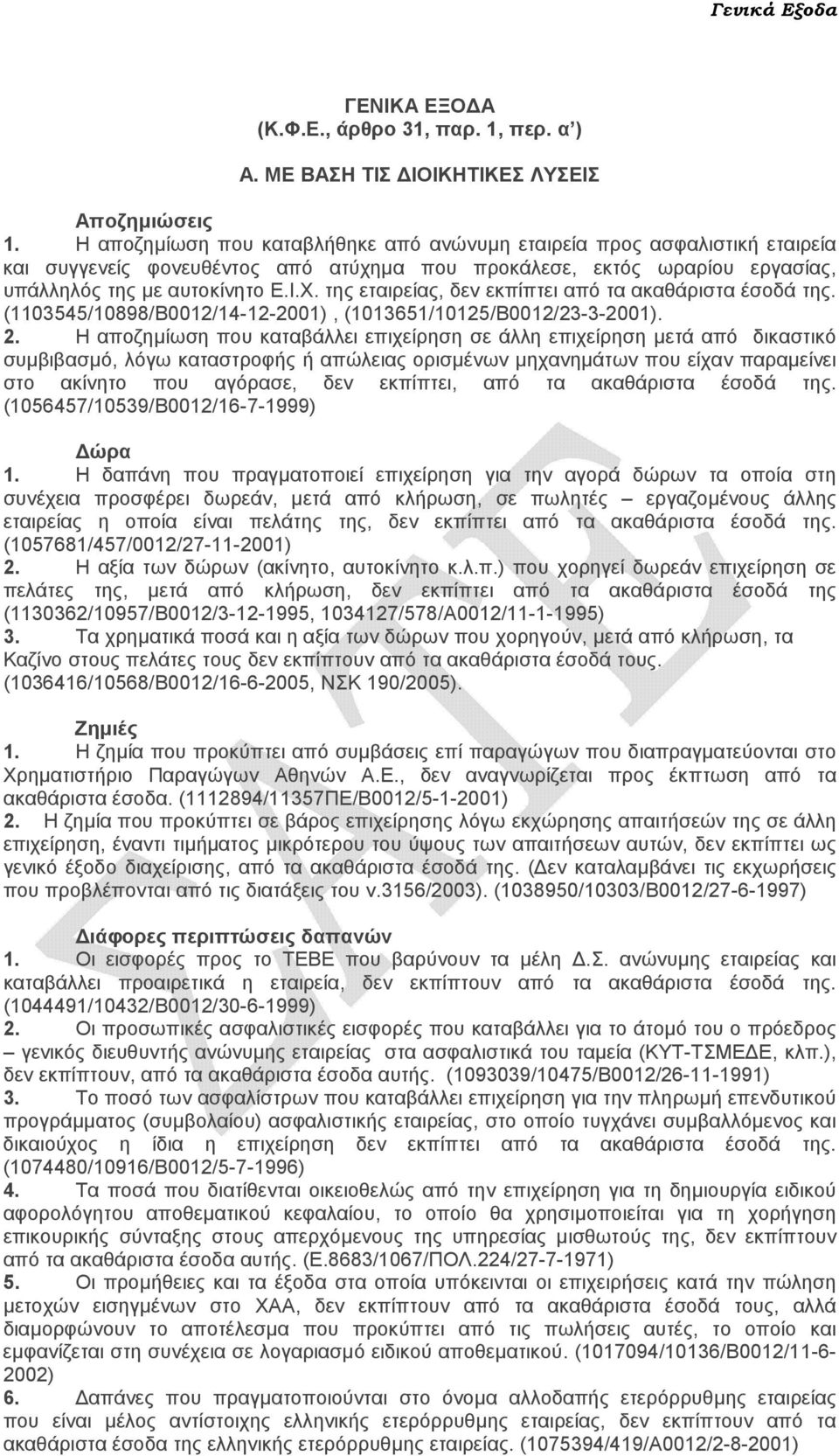 της εταιρείας, δεν εκπίπτει από τα ακαθάριστα έσοδά της. (1103545/10898/Β0012/14-12-2001), (1013651/10125/Β0012/23-3-2001). 2.