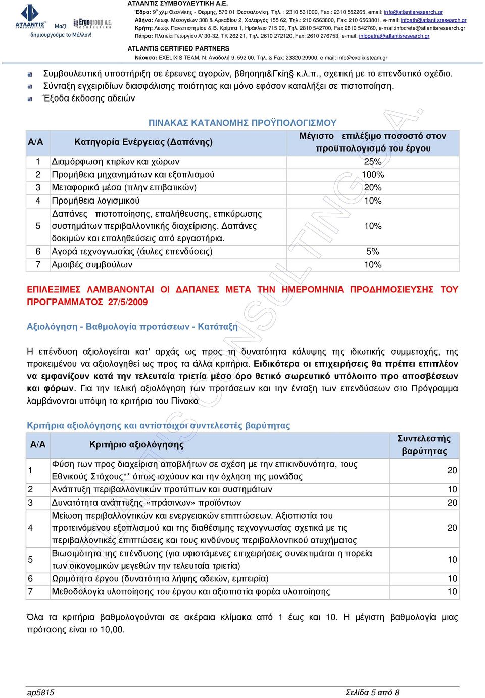 µηχανηµάτων και εξοπλισµού 100% 3 Μεταφορικά µέσα (πλην επιβατικών) 20% 4 Προµήθεια λογισµικού 10% 5 απάνες πιστοποίησης, επαλήθευσης, επικύρωσης συστηµάτων περιβαλλοντικής διαχείρισης.