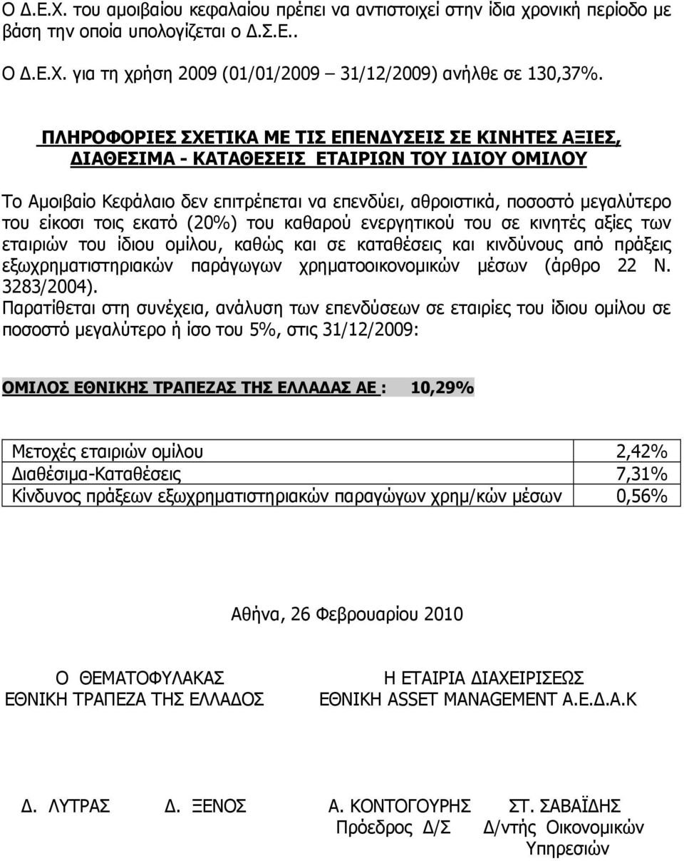 τοις εκατό (20%) του καθαρού ενεργητικού του σε κινητές αξίες των εταιριών του ίδιου ομίλου, καθώς και σε καταθέσεις και κινδύνους από πράξεις εξωχρηματιστηριακών παράγωγων χρηματοοικονομικών μέσων
