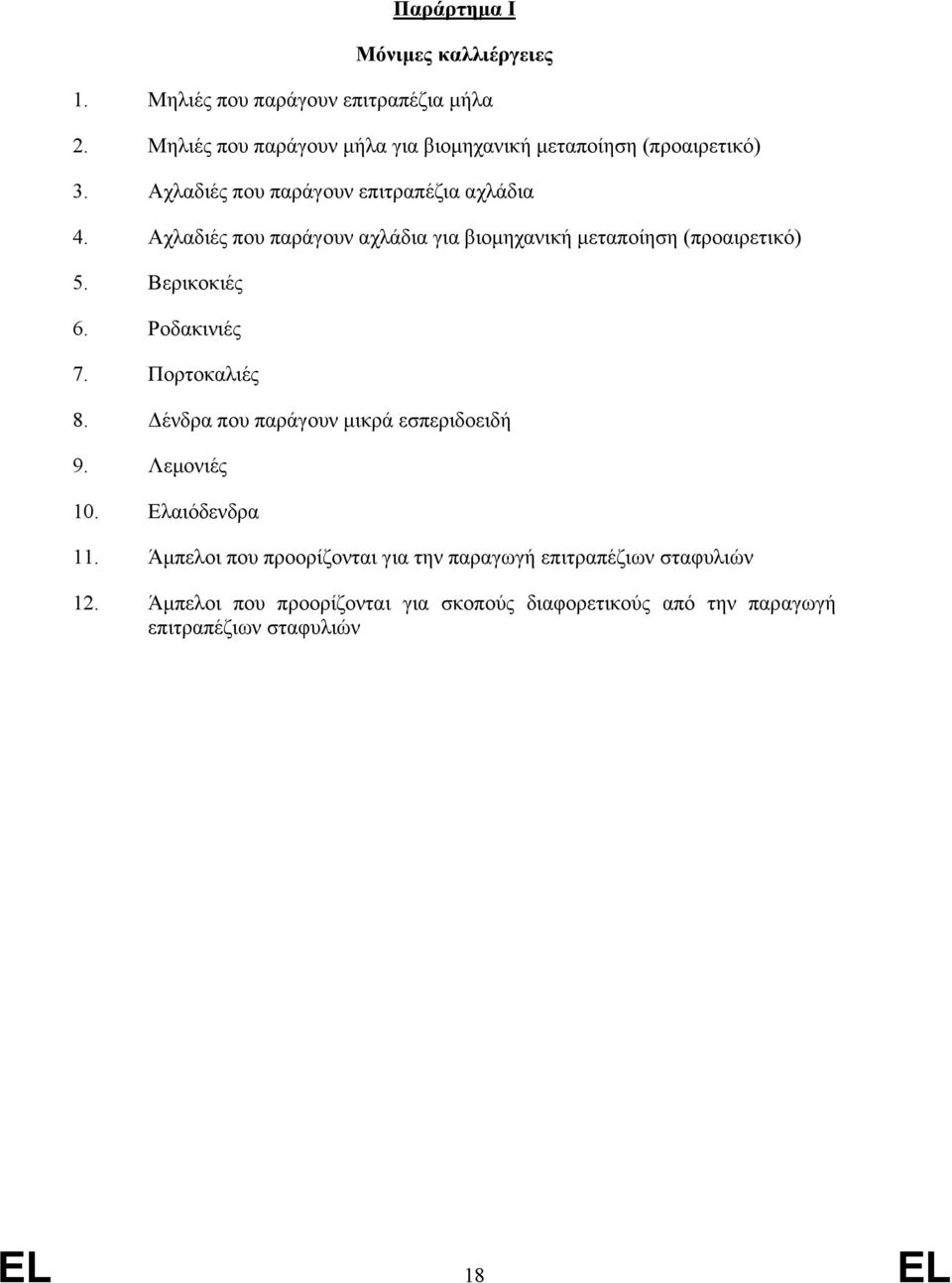 Αχλαδιές που παράγουν αχλάδια για βιοµηχανική µεταποίηση (προαιρετικό) 5. Βερικοκιές 6. Ροδακινιές 7. Πορτοκαλιές 8.