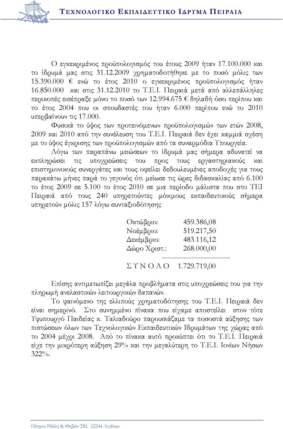 675 δηλαδή όσο περίπου και το έτος 2004 που οι σπουδαστές του ήταν 6.000 περίπου ενώ το 2010 υπερβαίνουν τις 17.000. Φυσικά το ύψος των προτεινόμενων προϋπολογισμών των ετών 2008, 2009 και 2010 από την συνέλευση του Τ.