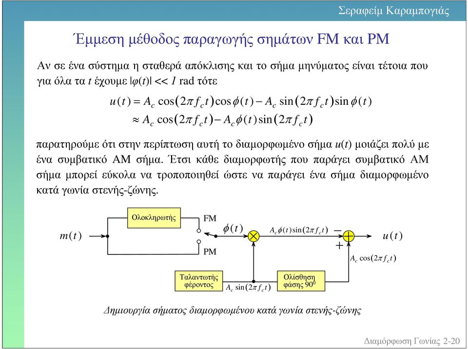 Έτσι κάθε διαµορφωτής πο παράγει σµβατικό ΑΜ σήµα µπορεί εύκολα να τροποποιηθεί ώστε να παράγει ένα σήµα διαµορφωµένο κατά γωνία στενής-ζώνης.