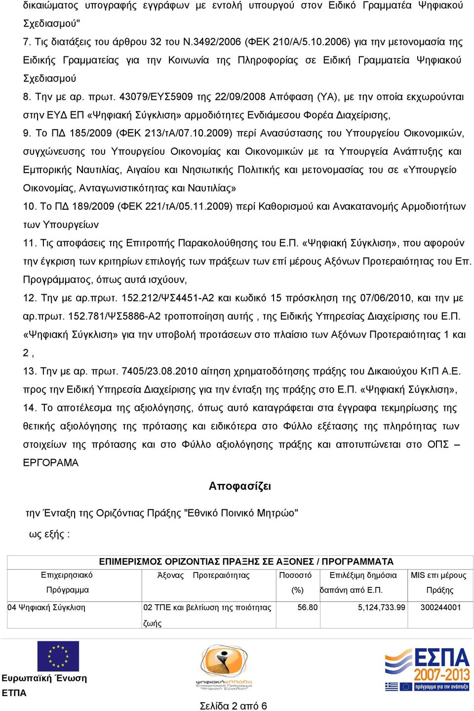 43079/ΕΥΣ5909 της 22/09/2008 Απόφαση (ΥΑ), με την οποία εκχωρούνται στην ΕΥΔ ΕΠ «Ψηφιακή Σύγκλιση» αρμοδιότητες Ενδιάμεσου Φορέα Διαχείρισης, 9. Το ΠΔ 185/2009 (ΦΕΚ 213/τΑ/07.10.