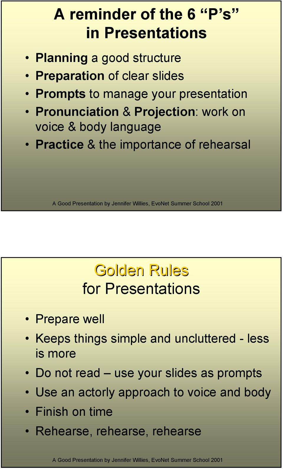 rehearsal Golden Rules for Presentations Prepare well Keeps things simple and uncluttered - less is more Do not