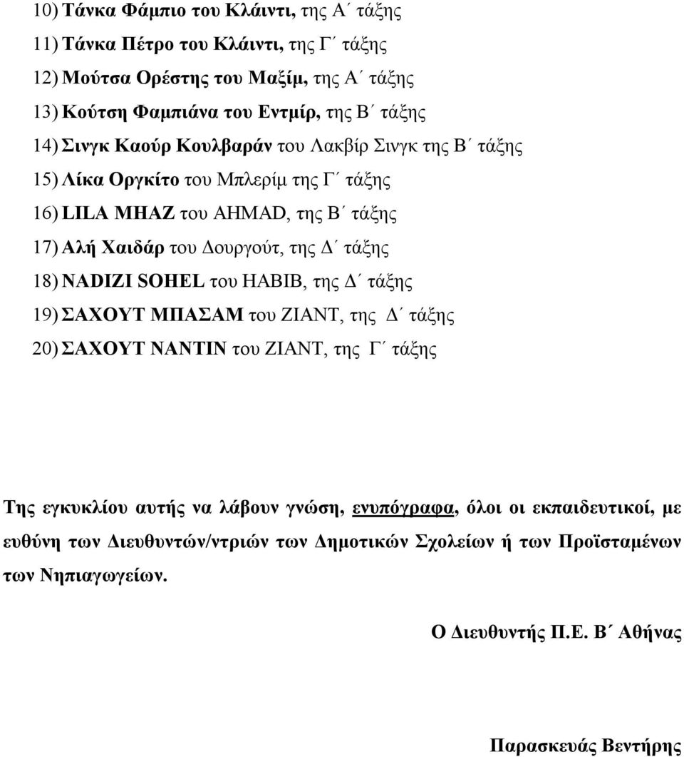 τάξης 18) ΝADIZI SOHEL του HABIB, της Δ τάξης 19) ΣΑΧΟΥΤ ΜΠΑΣΑΜ του ΖΙΑΝΤ, της Δ τάξης 20) ΣΑΧΟΥΤ ΝΑΝΤΙΝ του ΖΙΑΝΤ, της Γ τάξης Της εγκυκλίου αυτής να λάβουν γνώση,