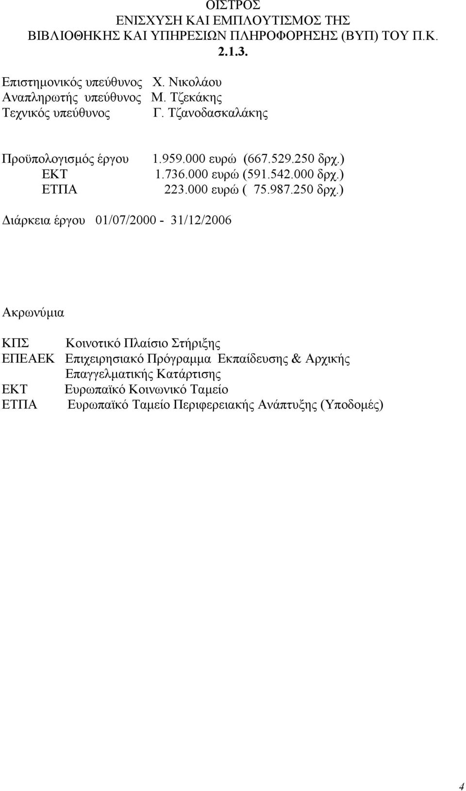 ) 1.736.000 ευρώ (591.542.000 δρχ.) 223.000 ευρώ ( 75.987.250 δρχ.