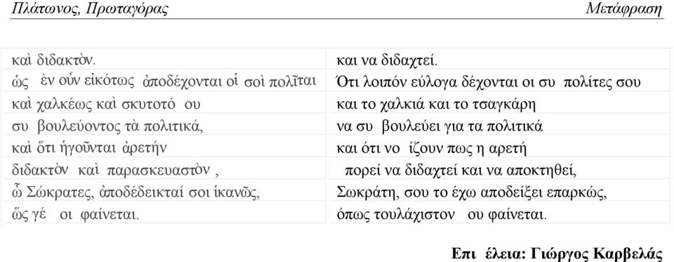 διδακτὸν καὶ παρασκευαστὸν, ὦ Σώκρατες, ἀποδέδεικταί σοι ἱκανῶς, ὥς γέ μοι φαίνεται. και να διδαχτεί.