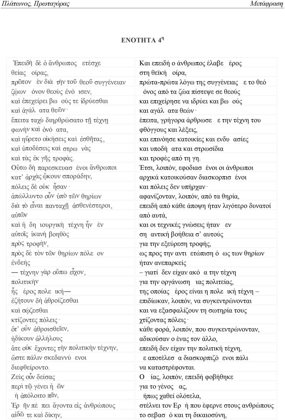 γρήγορα άρθρωσε με την τέχνη του φωνὴν καὶ ὀνόματα, φθόγγους και λέξεις, καὶ ηὕρετο οἰκήσεις καὶ ἐσθῆτας, και επινόησε κατοικίες και ενδυμασίες καὶ ὑποδέσεις καὶ στρωμνὰς και υποδήματα και στρωσίδια