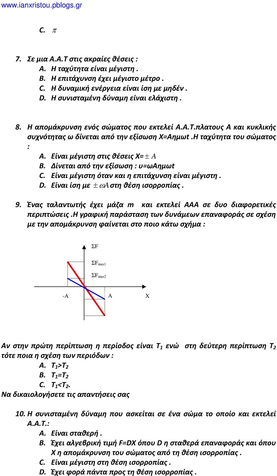 Δίνεται από την εξίσωση : υ=ωαημωt C. Είναι μέγιστη όταν και η επιτάχυνση είναι μέγιστη. D. Είναι ίση με ± ωaστη θέση ισορροπίας. 9.