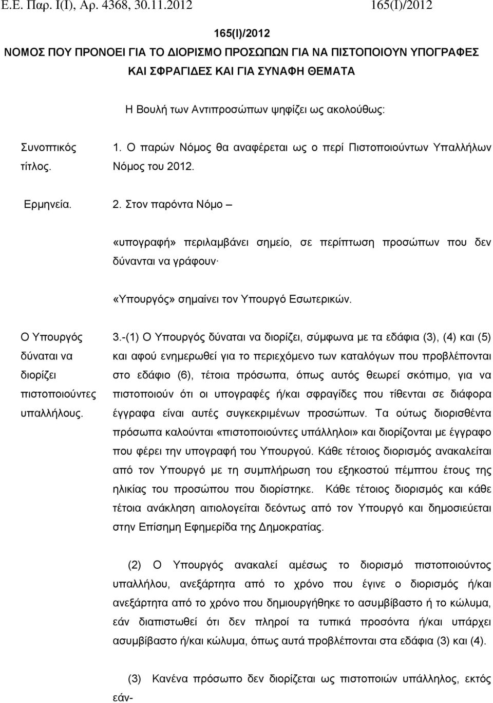 τίτλος. 1. Ο παρών Νόμος θα αναφέρεται ως ο περί Πιστοποιούντων Υπαλλήλων Νόμος του 20