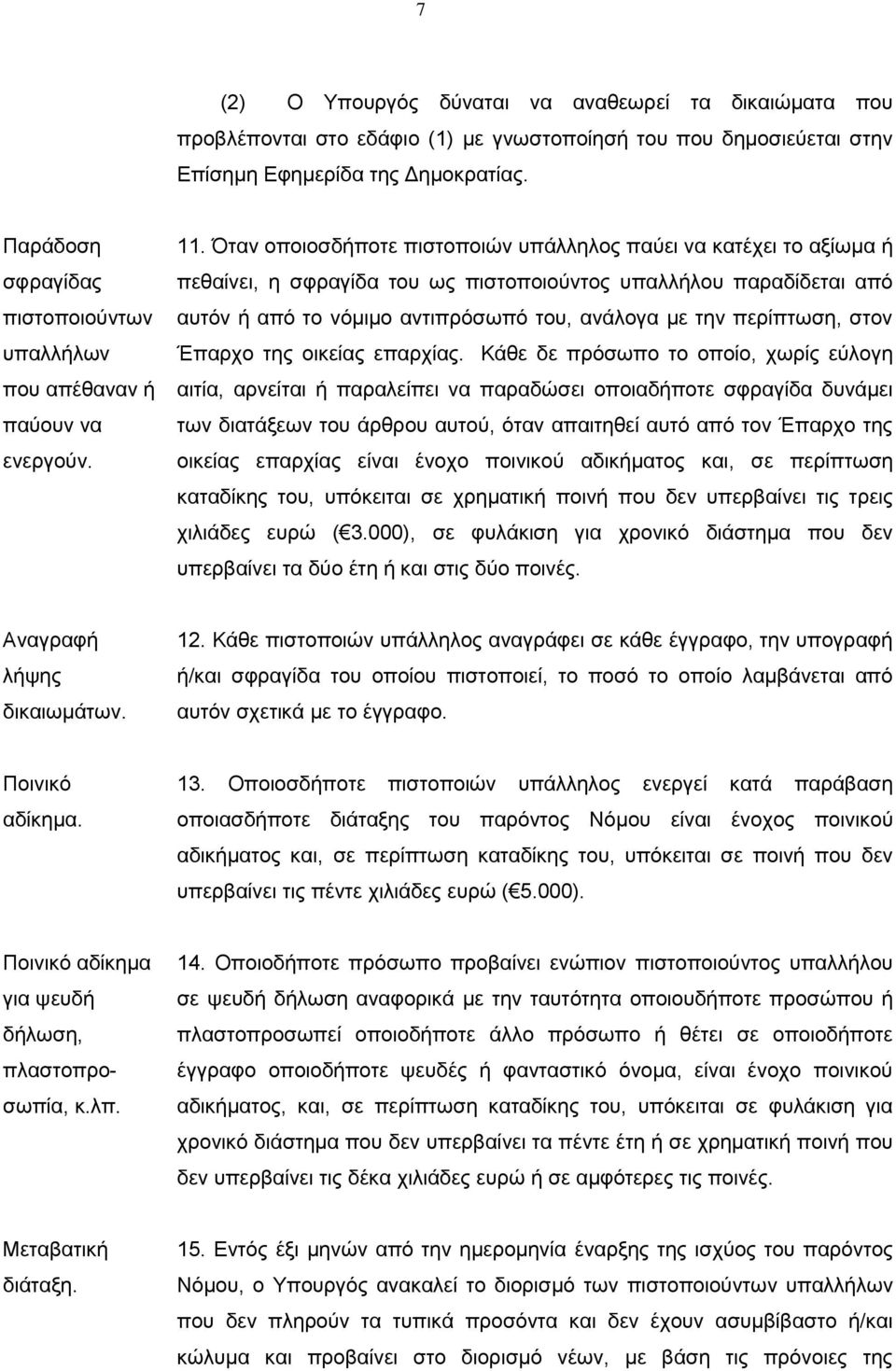 Όταν οποιοσδήποτε πιστοποιών υπάλληλος παύει να κατέχει το αξίωμα ή πεθαίνει, η σφραγίδα του ως πιστοποιούντος υπαλλήλου παραδίδεται από αυτόν ή από το νόμιμο αντιπρόσωπό του, ανάλογα με την