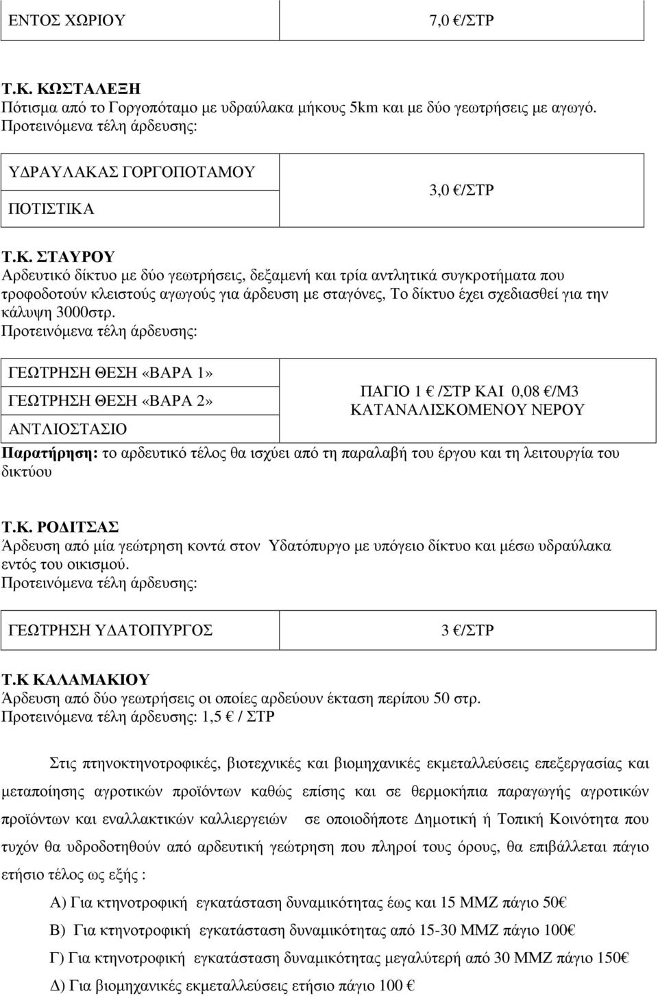 ΓΕΩΤΡΗΣΗ ΘΕΣΗ «ΒΑΡΑ 1» ΓΕΩΤΡΗΣΗ ΘΕΣΗ «ΒΑΡΑ 2» ΑΝΤΛΙΟΣΤΑΣΙΟ ΠΑΓΙΟ 1 /ΣΤΡ ΚΑΙ 0,08 /Μ3 ΚΑΤΑΝΑΛΙΣΚΟΜΕΝΟΥ ΝΕΡΟΥ Παρατήρηση: το αρδευτικό τέλος θα ισχύει από τη παραλαβή του έργου και τη λειτουργία του