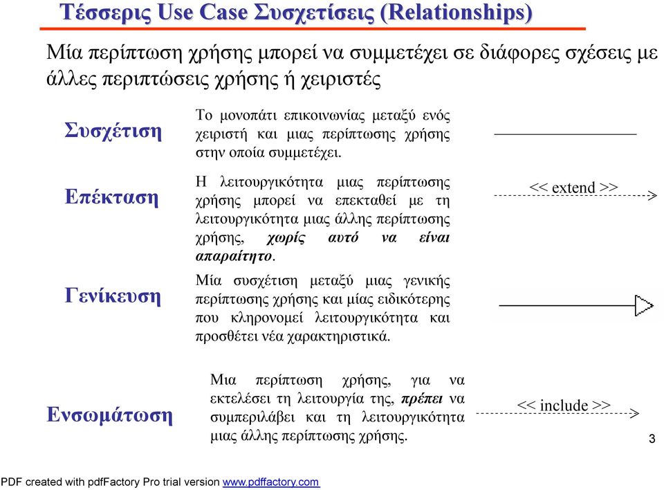 Επέκταση Η λειτουργικότητα μιας περίπτωσης χρήσης μπορεί να επεκταθεί με τη λειτουργικότητα μιας άλλης περίπτωσης χρήσης, χωρίς αυτό να είναι απαραίτητο.